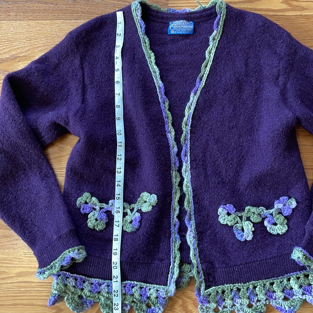 Pendleton Purple Wool Patch Pockets Cardigan w/ Floral Crochet Trim Size Large - Picture 5 of 10